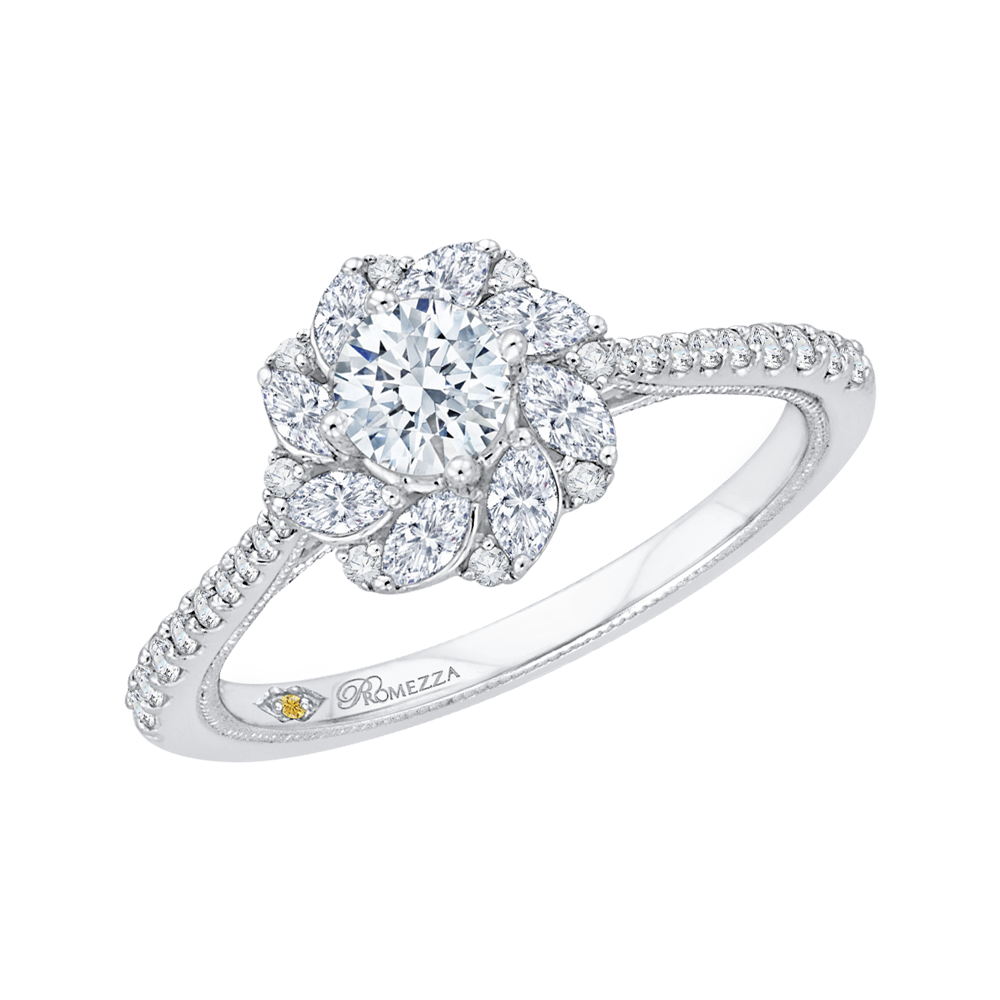 14K White Gold Round Cut Diamond Floral Halo Engagement Ring