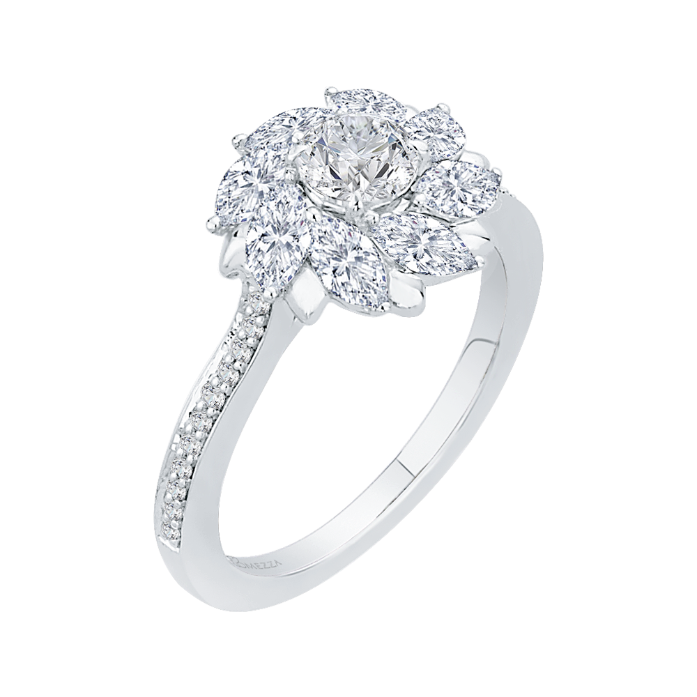 14K White Gold Round & Marquise Diamond Floral Engagement Ring