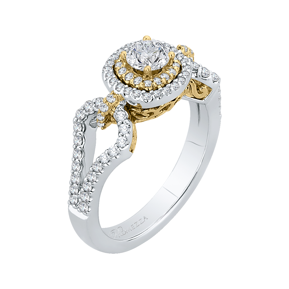 14K Two Tone Gold Round Diamond Double Halo Engagement Ring With Split Shank