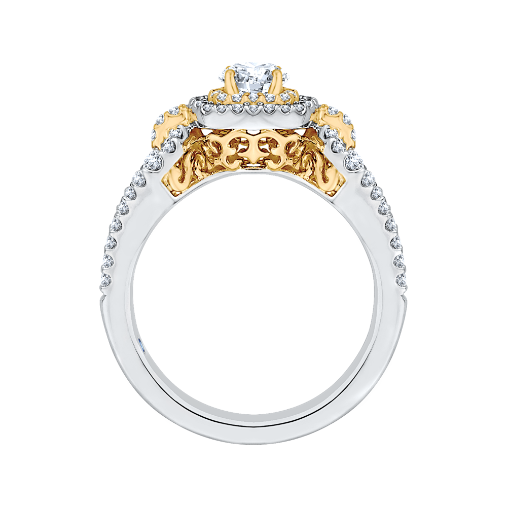 14K Two Tone Gold Round Diamond Double Halo Engagement Ring With Split Shank