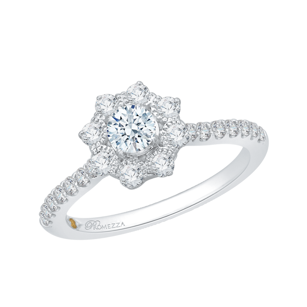 14K White Gold Round Cut Diamond Floral Halo Engagement Ring