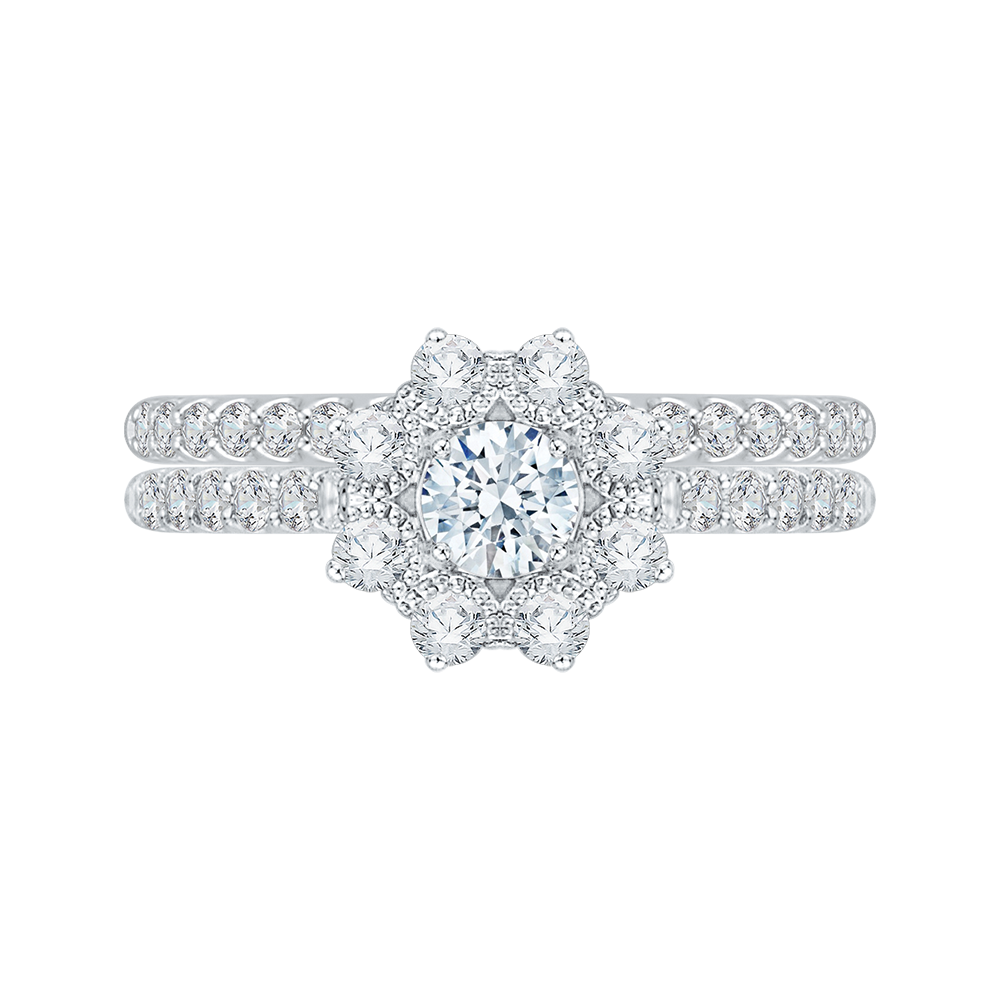 14K White Gold Round Cut Diamond Floral Halo Engagement Ring