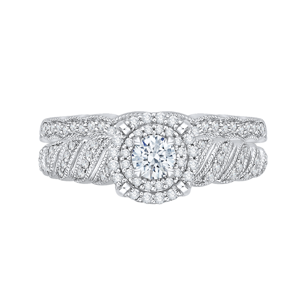 14K White Gold Round Diamond Double Halo Floral Engagement Ring