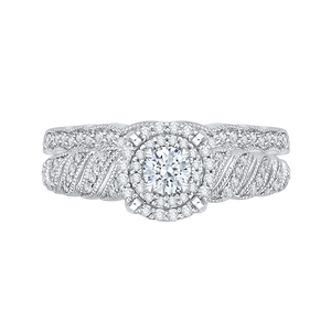 14K White Gold Round Diamond Double Halo Floral Engagement Ring