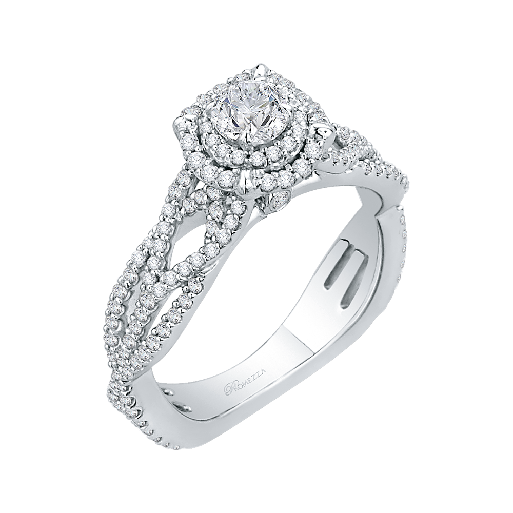 Round Diamond Halo Engagement Ring with Split Shank In 14K White Gold