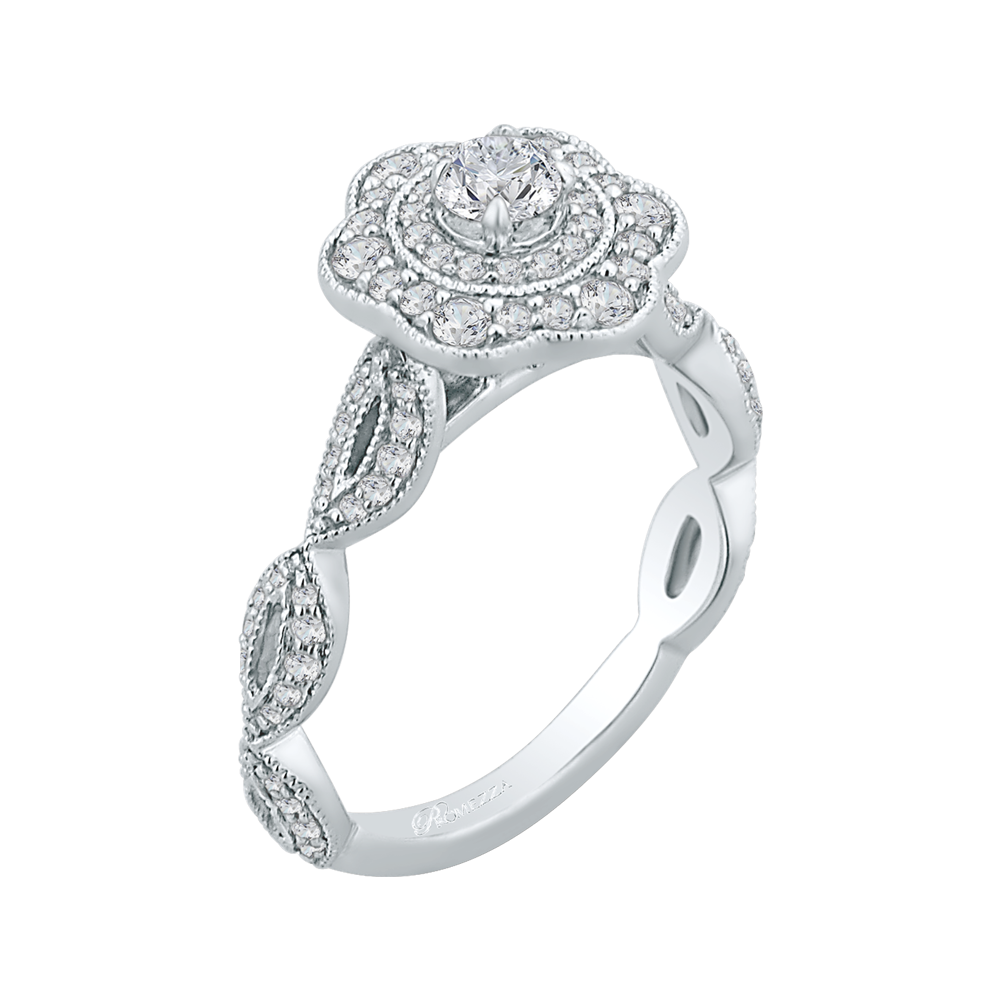 14K White Gold Round Diamond Floral Halo Engagement Ring