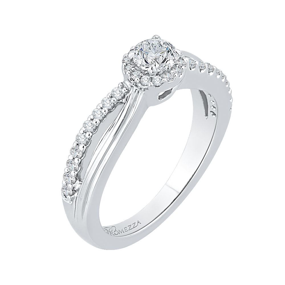 14K White Gold Round Diamond Halo Engagement Ring with Split Shank