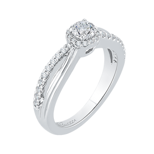 14K White Gold Round Diamond Halo Engagement Ring with Split Shank