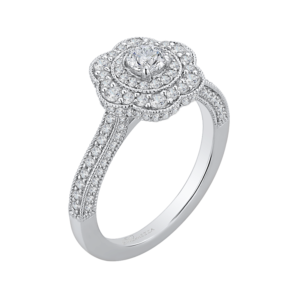 Round Diamond Floral Halo Engagement Ring In 14K White Gold