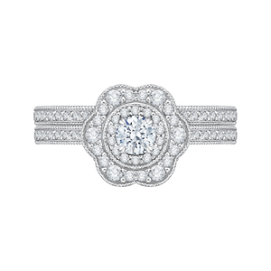 Round Diamond Floral Halo Engagement Ring In 14K White Gold