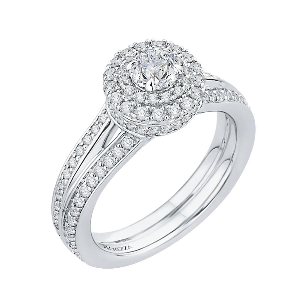 Round Diamond Double Halo Engagement Ring with Split Shank In 14K White Gold