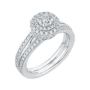 Round Diamond Double Halo Engagement Ring with Split Shank In 14K White Gold