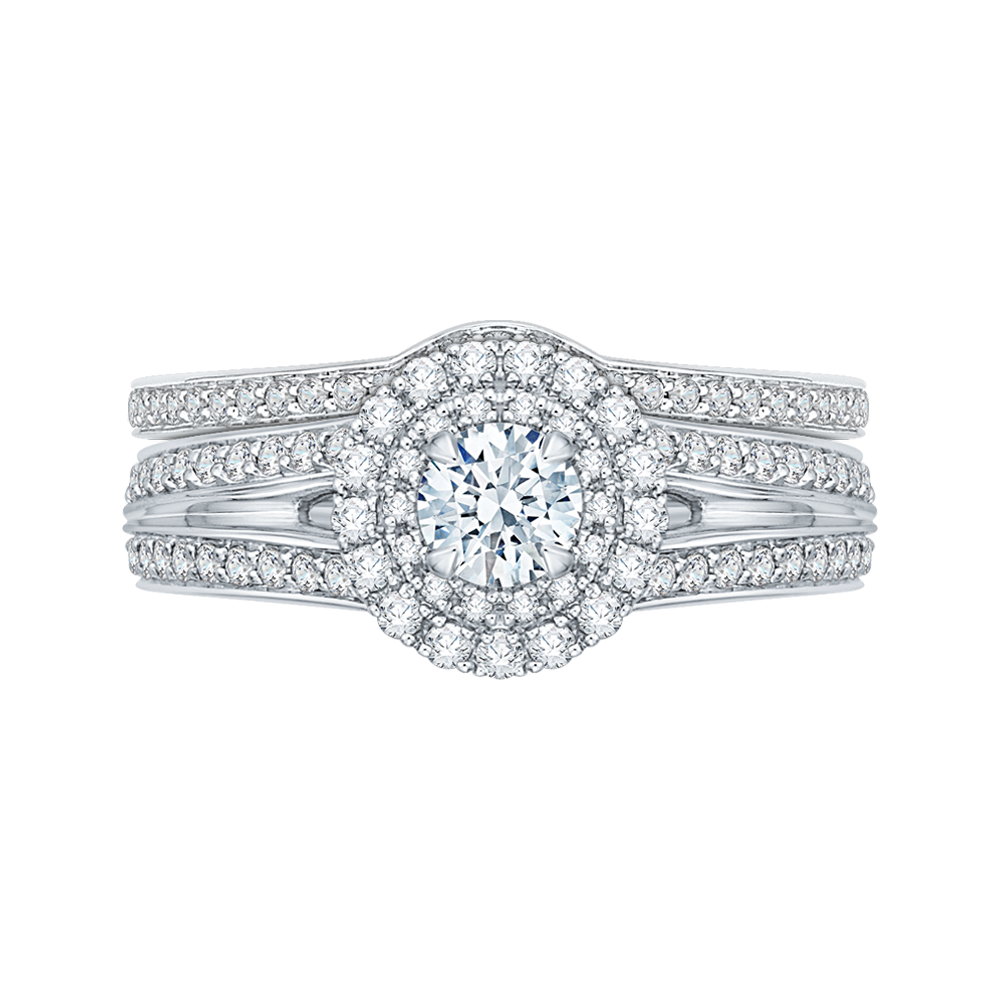 Round Diamond Double Halo Engagement Ring with Split Shank In 14K White Gold