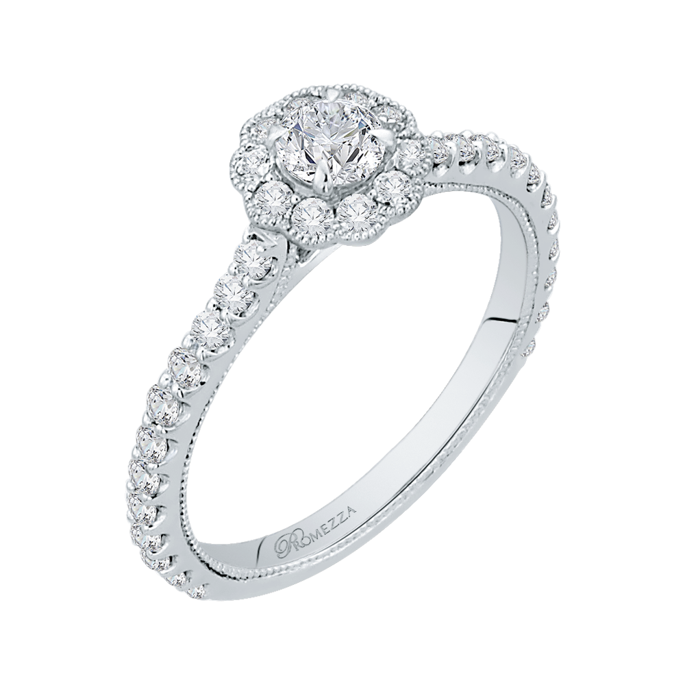 14K White Gold Round Halo Diamond Floral Engagement Ring