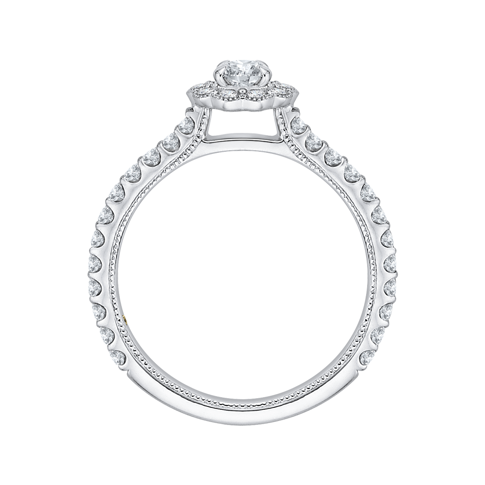 14K White Gold Round Halo Diamond Floral Engagement Ring