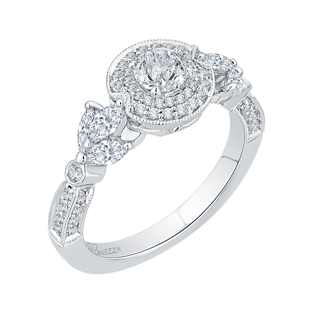 14K White Gold Round Diamond Double Halo Floral Engagement Ring