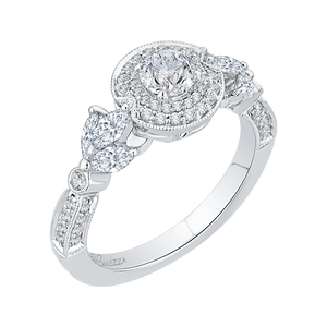 14K White Gold Round Diamond Double Halo Floral Engagement Ring