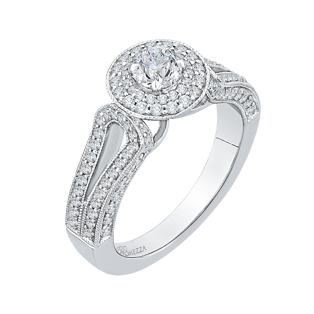 Round Diamond Double Halo Engagement Ring with Split Shank In 14K White Gold