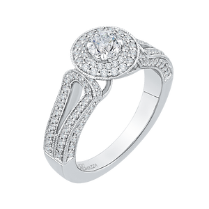 Round Diamond Double Halo Engagement Ring with Split Shank In 14K White Gold