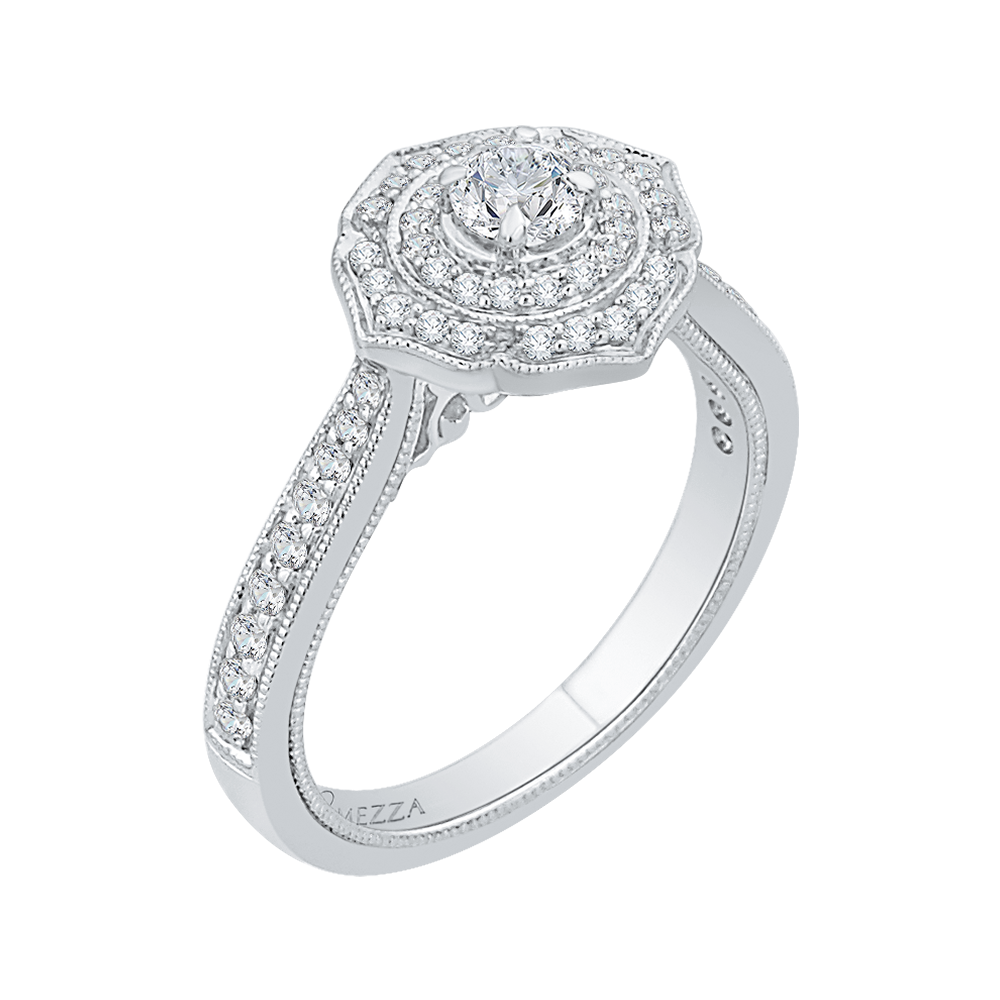 14K White Gold Round Diamond Double Halo Floral Engagement Ring