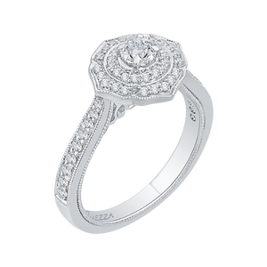 14K White Gold Round Diamond Double Halo Floral Engagement Ring