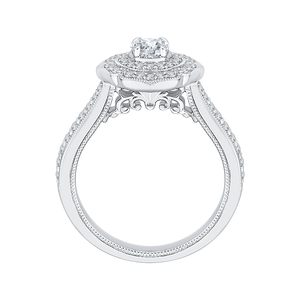 14K White Gold Round Diamond Double Halo Floral Engagement Ring