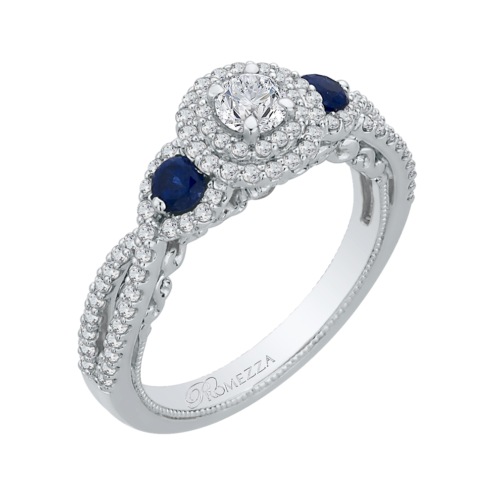 14K White Gold Round Cut Diamond And Sapphire Three Stone Halo Engagement Ring