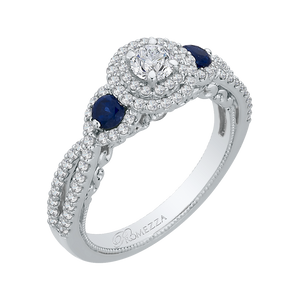 14K White Gold Round Cut Diamond And Sapphire Three Stone Halo Engagement Ring