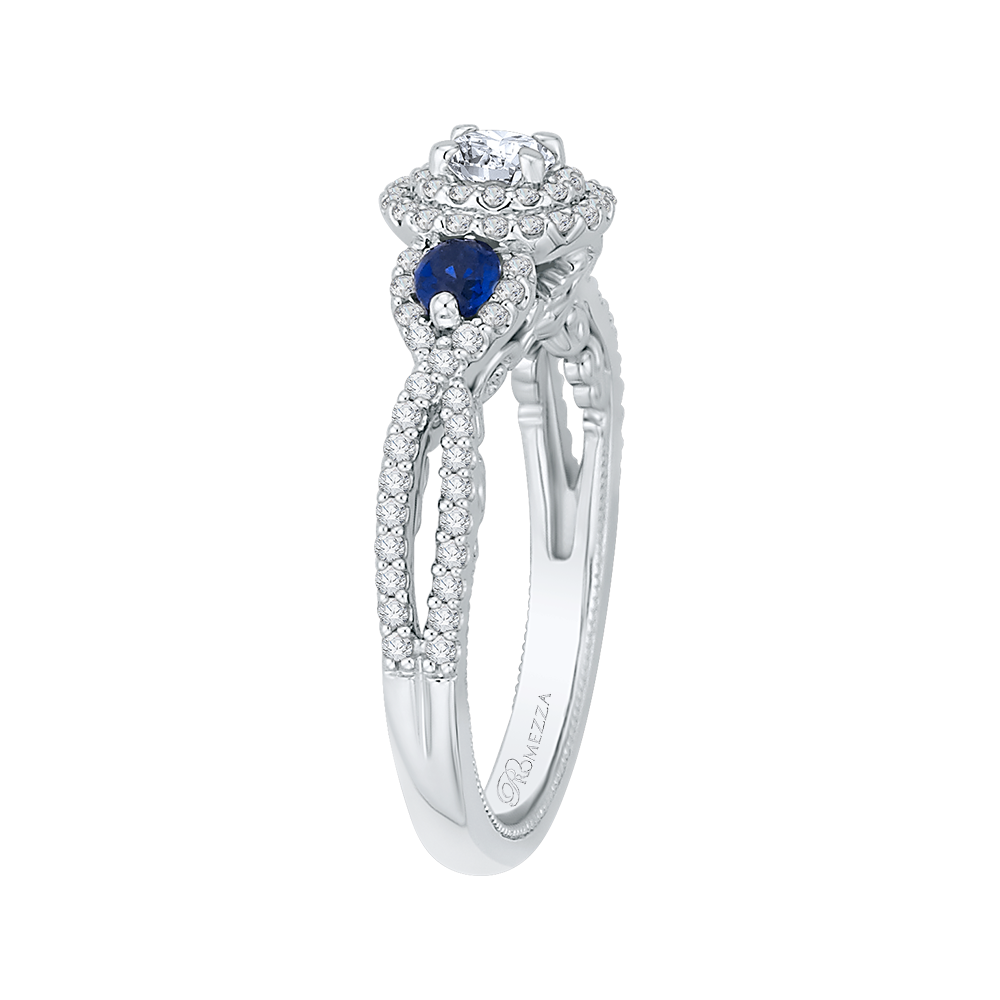 14K White Gold Round Cut Diamond And Sapphire Three Stone Halo Engagement Ring