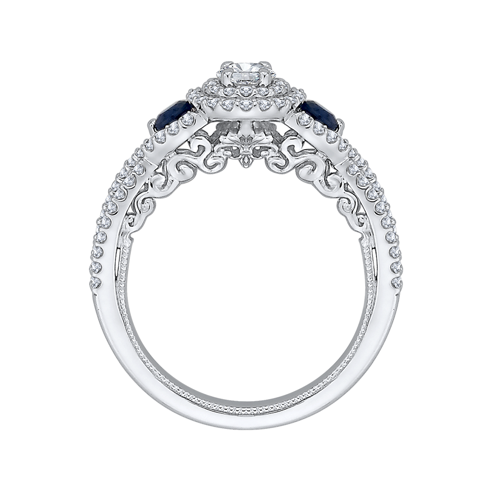 14K White Gold Round Cut Diamond And Sapphire Three Stone Halo Engagement Ring