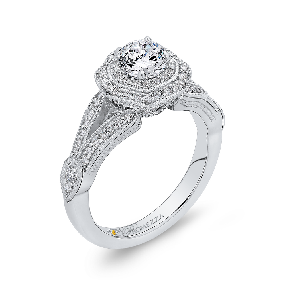 14K White Gold Round Double Halo Diamond Engagement Ring