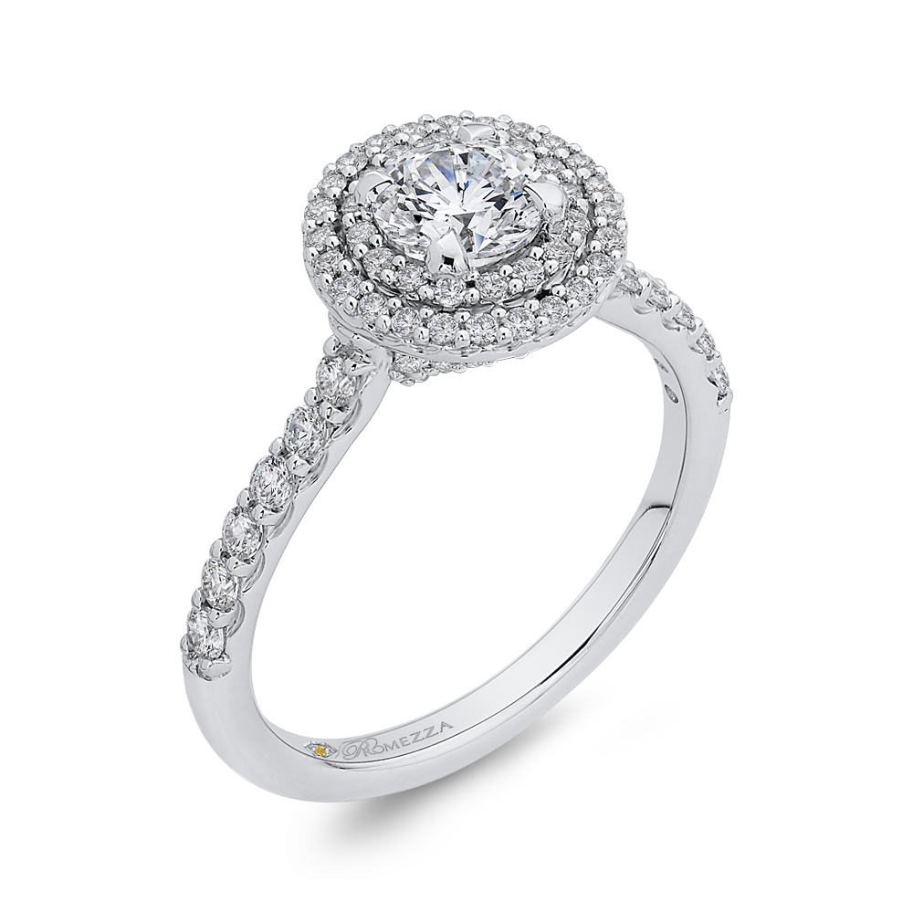 Round Cut Double Halo Diamond Engagement Ring In 14K White Gold