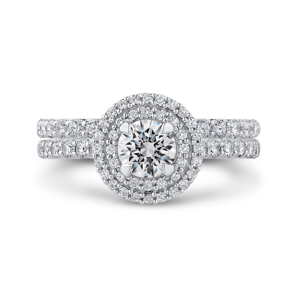 Round Cut Double Halo Diamond Engagement Ring In 14K White Gold