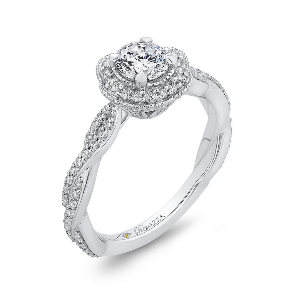 14K White Gold Round Diamond Floral Halo Engagement Ring