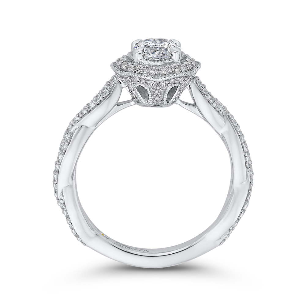 14K White Gold Round Diamond Floral Halo Engagement Ring