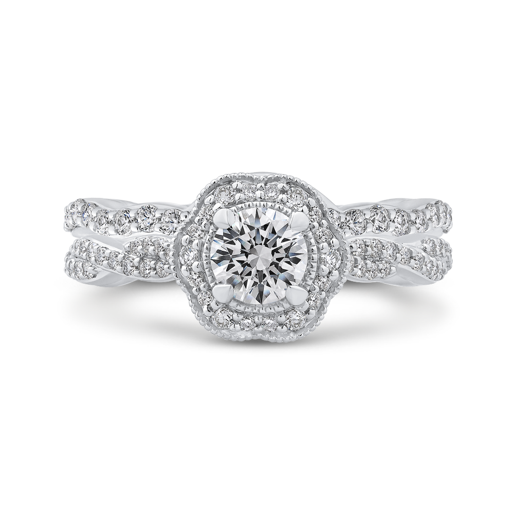 14K White Gold Round Diamond Floral Halo Engagement Ring