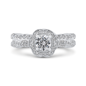 14K White Gold Round Diamond Floral Halo Engagement Ring