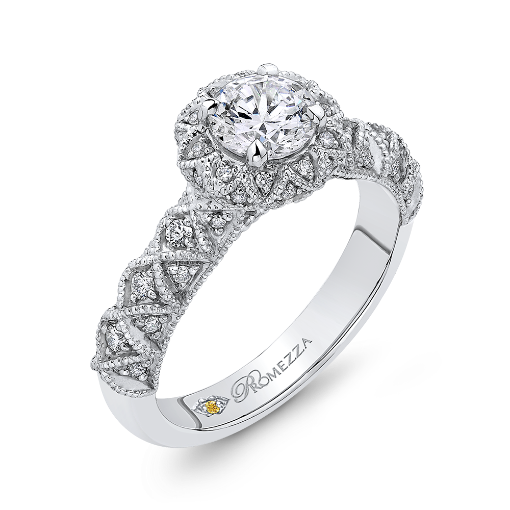 14K White Gold Round Diamond Floral Halo Engagement Ring