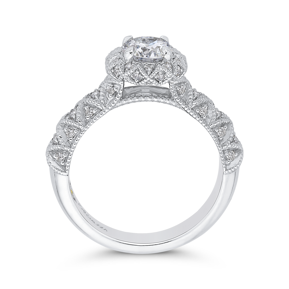 14K White Gold Round Diamond Floral Halo Engagement Ring