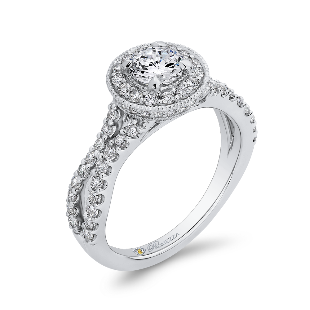 Round Diamond Halo Engagement Ring with Split Shank In 14K White Gold