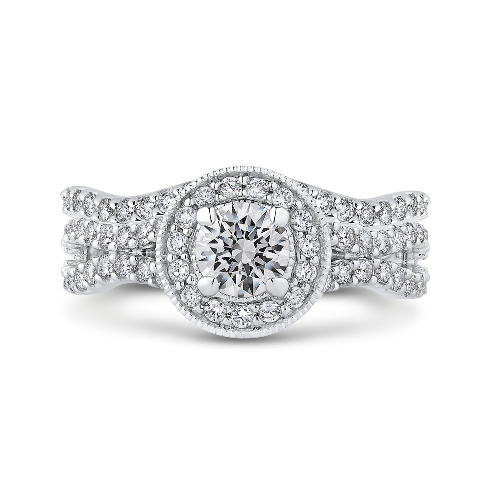 Round Diamond Halo Engagement Ring with Split Shank In 14K White Gold