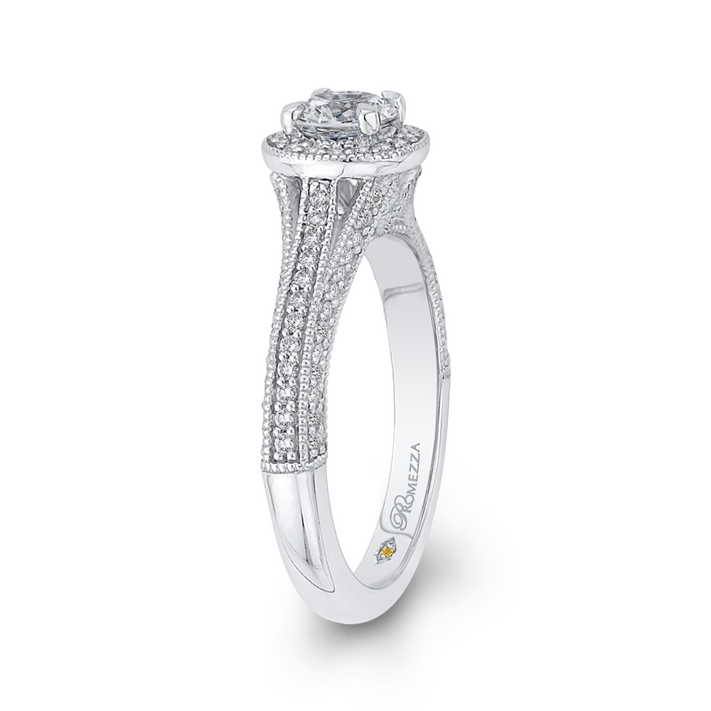 14K White Gold Round Diamond Halo Engagement Ring with Split Shank