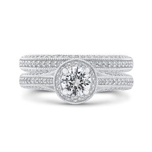 14K White Gold Round Diamond Halo Engagement Ring with Split Shank