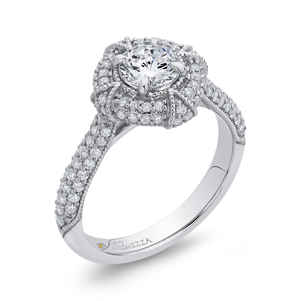 14K White Gold Round Diamond Cathedral Style Halo Engagement Ring