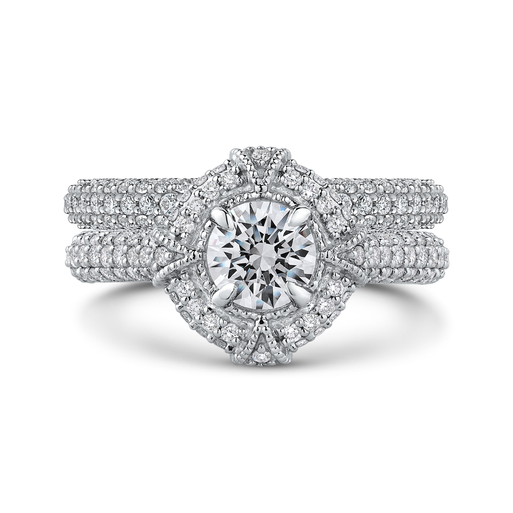 14K White Gold Round Diamond Cathedral Style Halo Engagement Ring