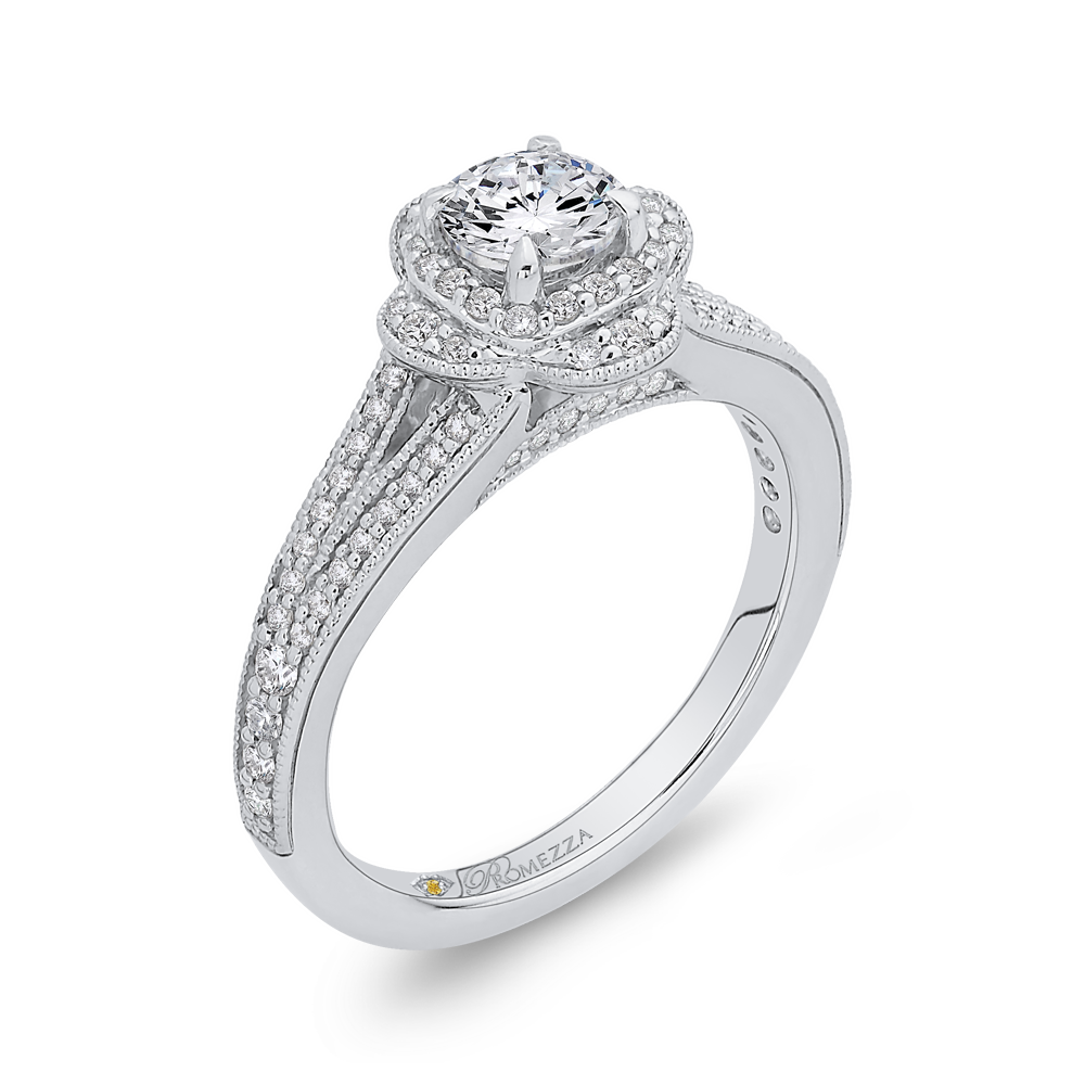 14K White Gold Round Diamond Halo Engagement Ring with Split Shank