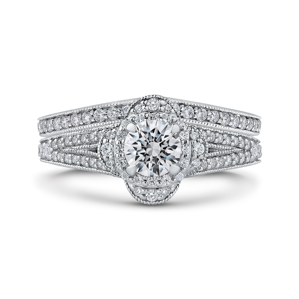 14K White Gold Round Diamond Halo Engagement Ring with Split Shank