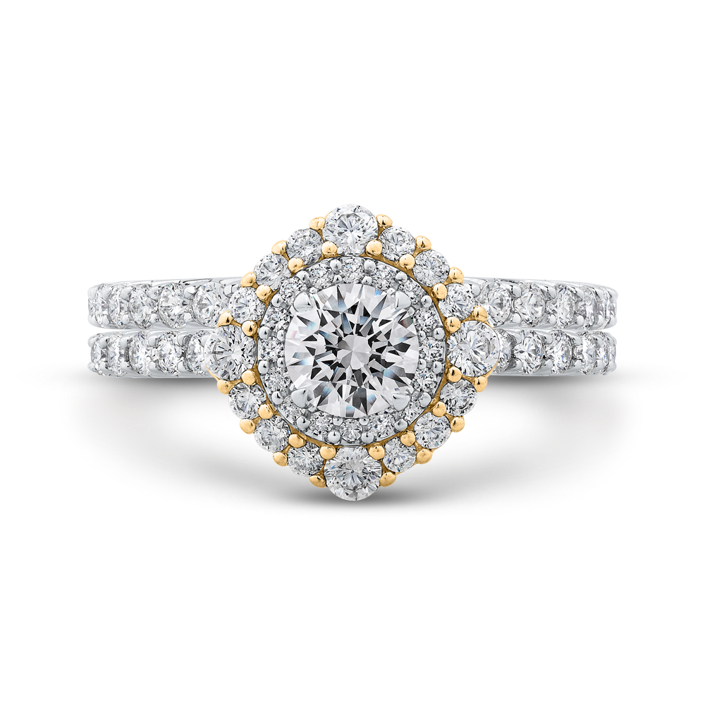 14K Two Tone Gold Round Diamond Double Halo Engagement Ring