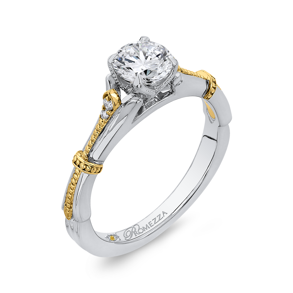 14K Two Tone Gold Round Diamond Floral Engagement Ring