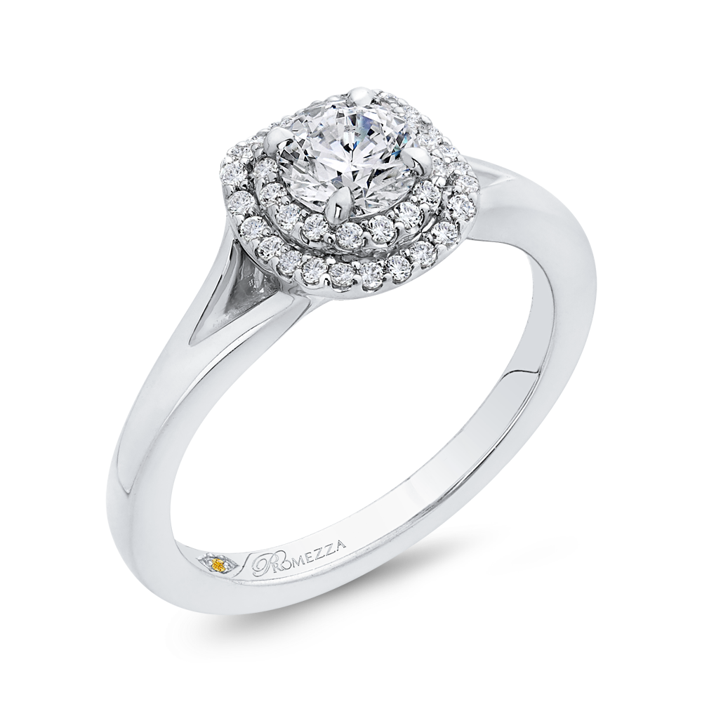 14K White Gold Round Diamond Double Halo with Spit Shank Engagement Ring